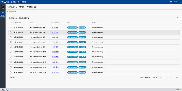 User interface of VCA 100 Virtual Controller Settings. Link opens a larger image.