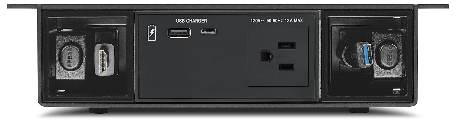 Cable Cubby F55 UT accommodates a combination of full- and half-size Extron Flex55 and EU modules, and/or two Retractor/Retractor XL Series modules