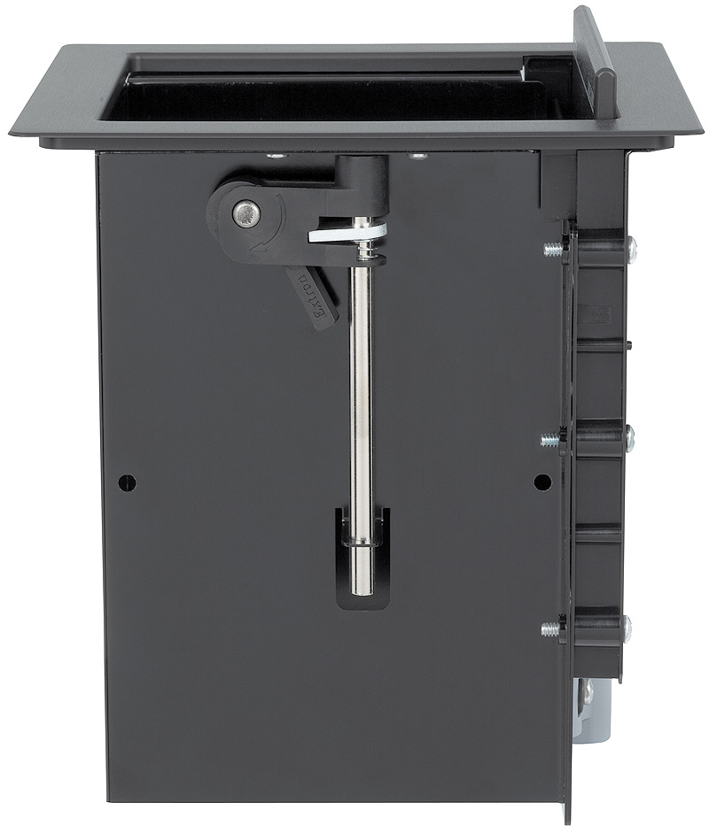 Integrated side clamps secure enclosure to the furniture surface without additional hardware or tools