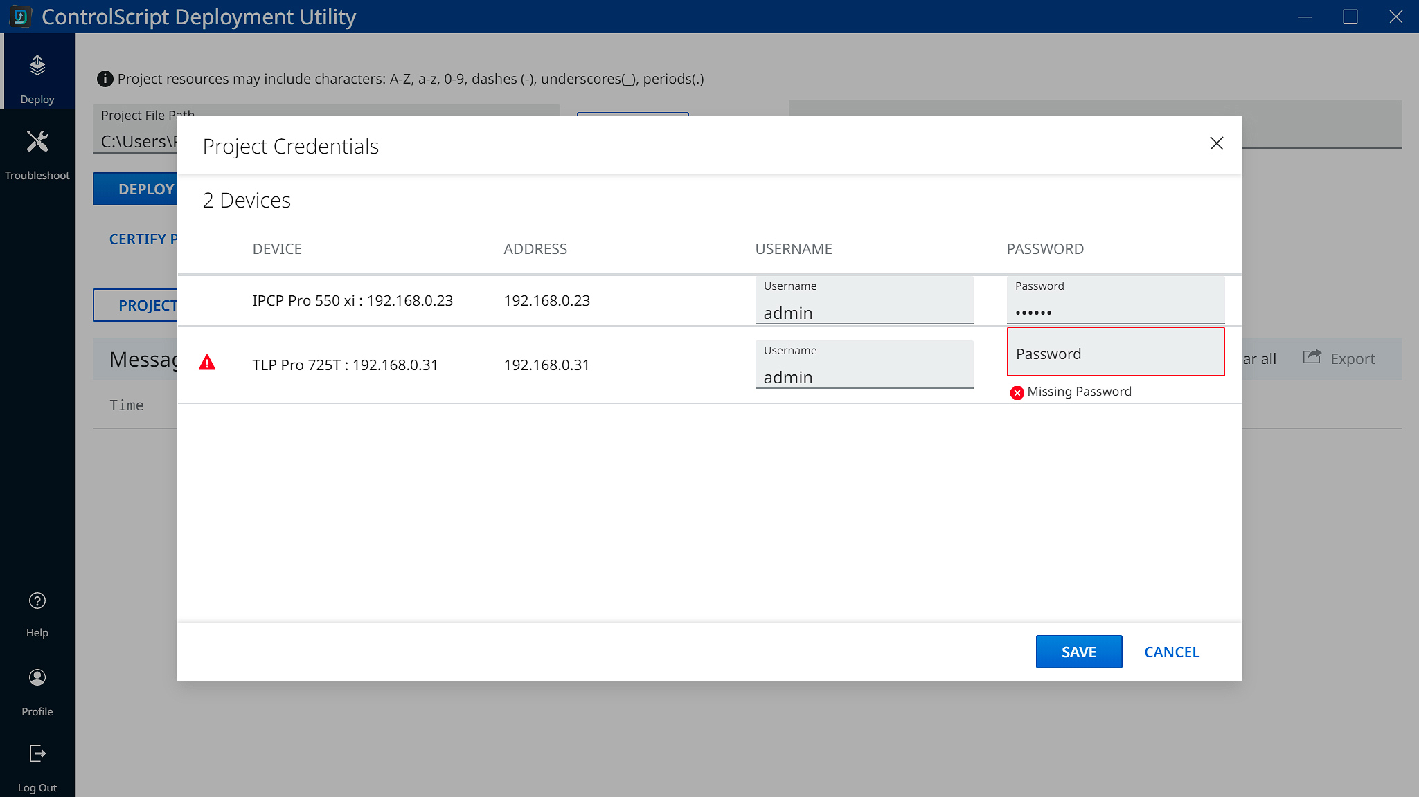 Project Credentials Dialog