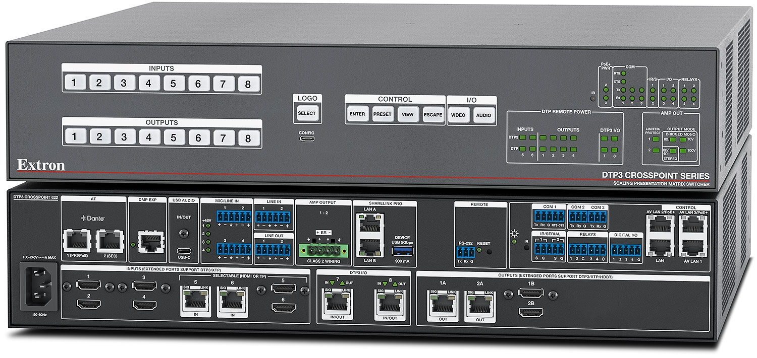 DTP3 CrossPoint 622 IPCP A SL - with control processor, 200 watt configurable power amplifier, and ShareLink Pro Wireless Presentation System