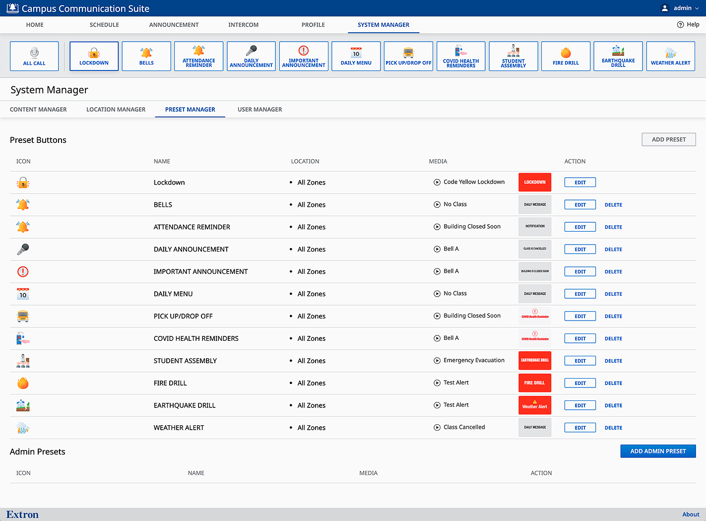 System Manager – Preset Buttons