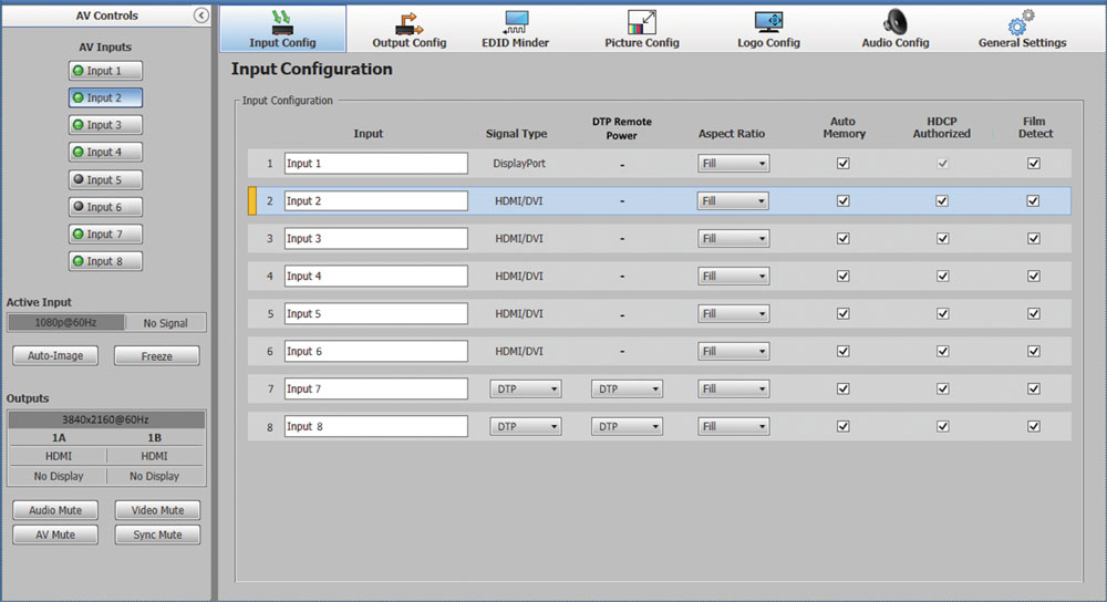 PCS Input Configuration Screen