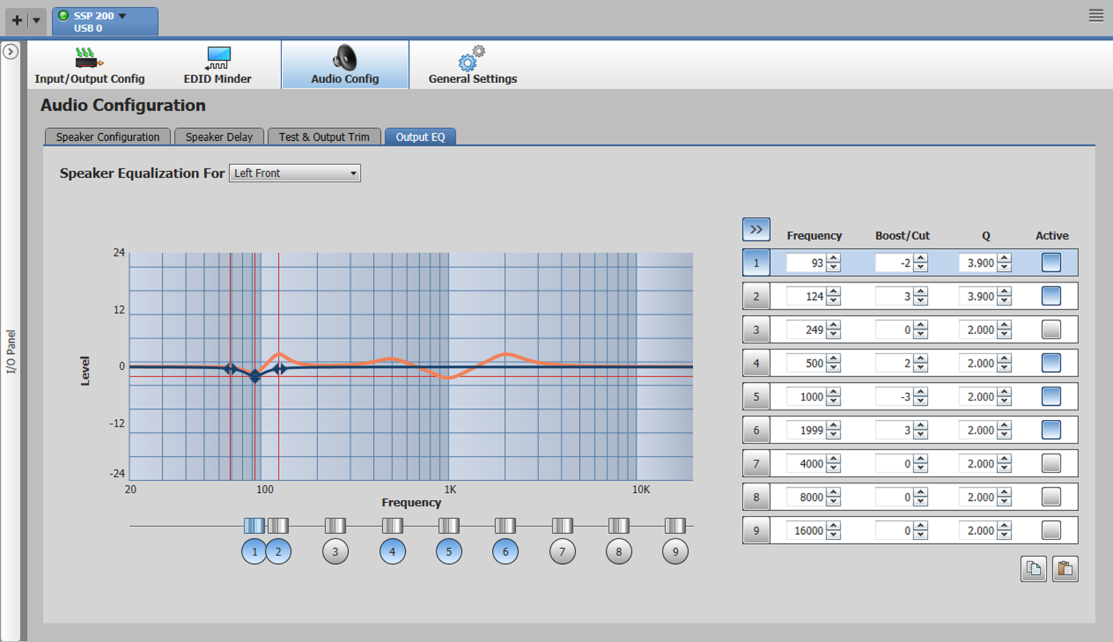 Nine band parametric EQ per speaker channel