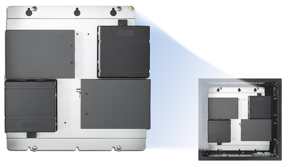 Accommodates preconfiguration of AV System components for quick field installation; shown with optional products