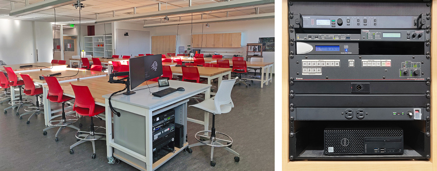 A typical standard classroom. The instructor station includes a touchpanel to control AV system operations and AV equipment is mounted in a compact equipment rack. All photos courtesy of Utah Tech University.