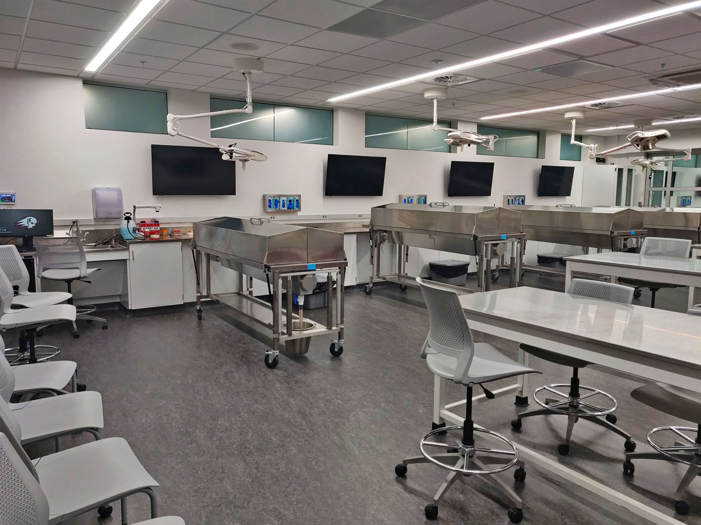 Each dissection station includes a flat panel display that can show procedures performed at its own station, or any other station in either anatomy lab.