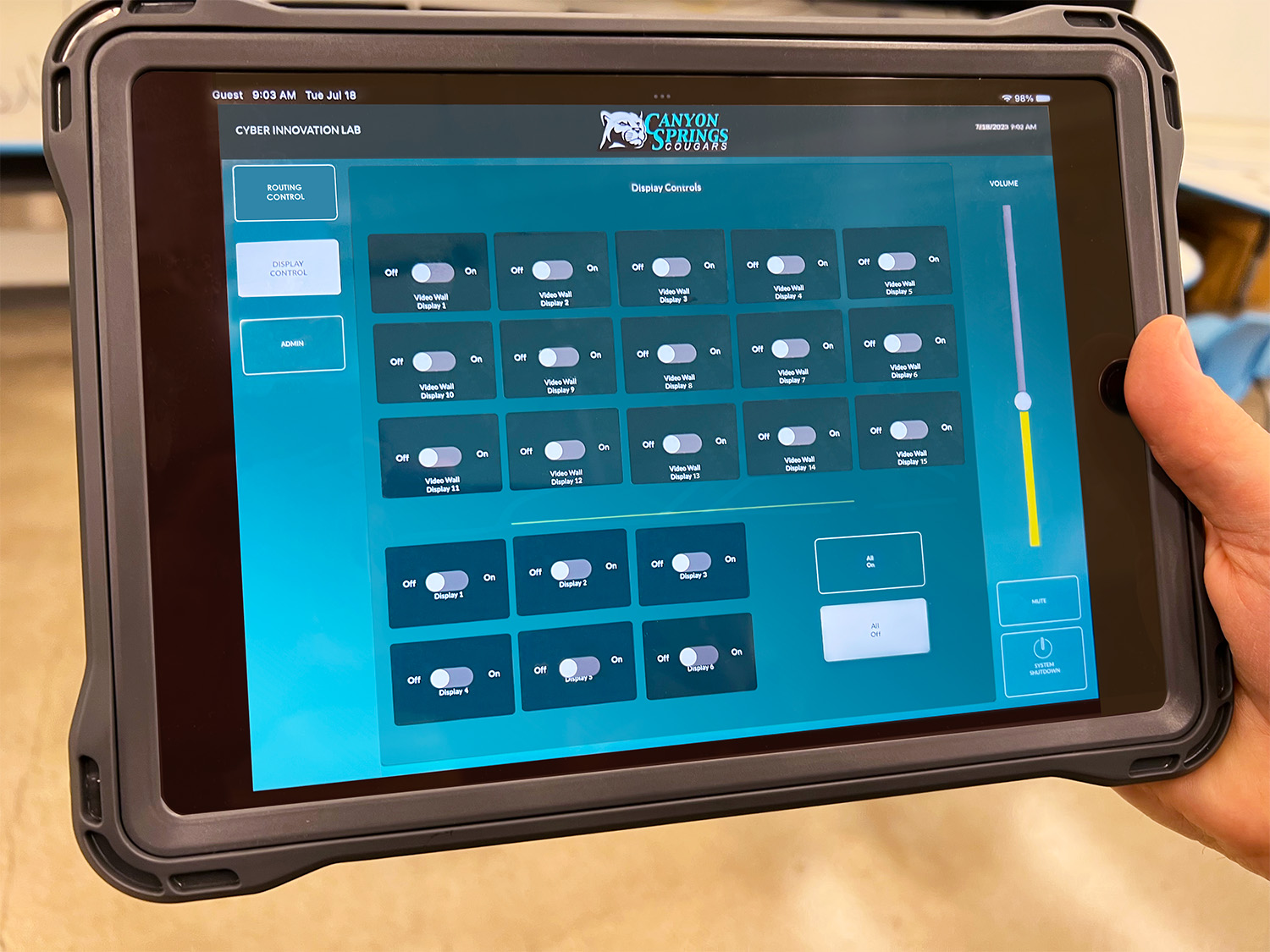 Using an iPad running the Extron Control app, users can easily select which gaming workstation content is shown on each of the large displays in the Cyber Innovation Center.