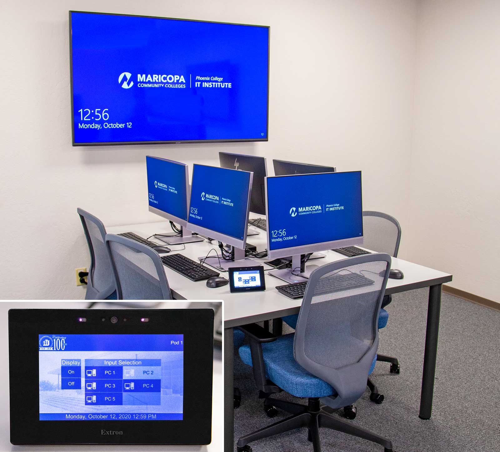 Cybersecurity classroom student pod with Inset showing student touchpanel control interface.