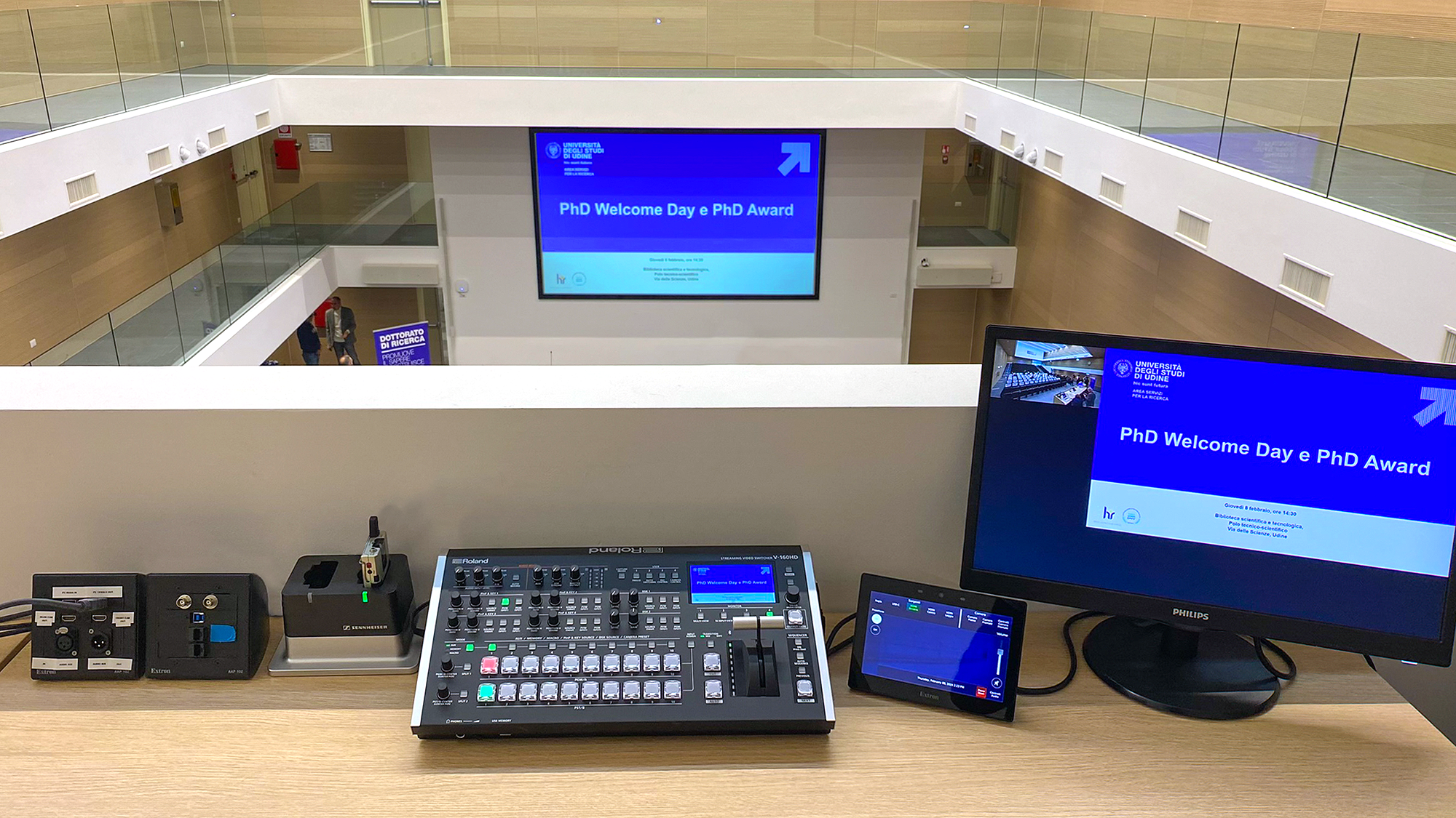 For large events and conferences, an Extron Touchlink Pro touchpanel at the back of the room serves as a central point of control. Photo by Francesco Barreca.