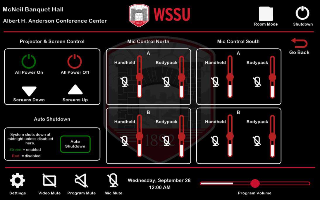 At this screen, users control AV system power on-off, mic levels for North and South sides of the room, and projection screen raise-lower.