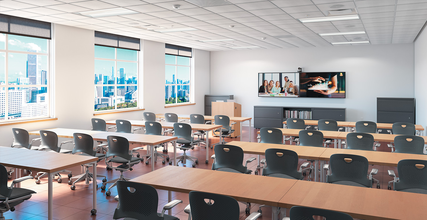 A training classroom with a dual monitor setup.